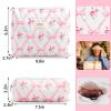 2Pcs Quilted Cotton Makeup Bag Large Travel Makeup Pouch Small Brush Holder Set for Women Cute Floral Coquette Makeup Bag Aesthetic Cosmetic Bag Pink Bow Toiletry Organizer Storage Bag Zipper Pouch view 2