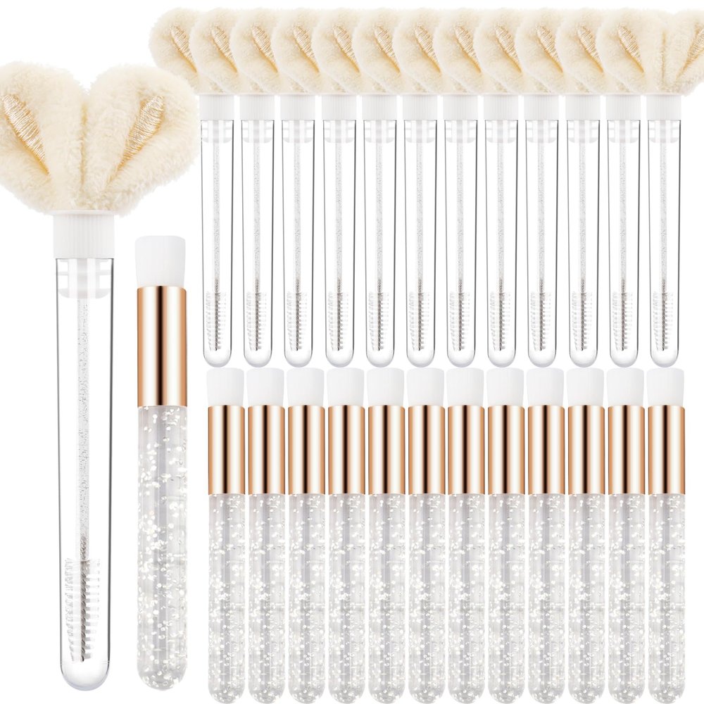 24Pcs Eyelash Extension Supply Kits - 12pcs Lash Shampoo Brush Nose Blackhead Facial Cleaning Brush 12PCS Cute Rabbit Ear Tube Mascara Wands Spoolie Brush (Style #2 White)