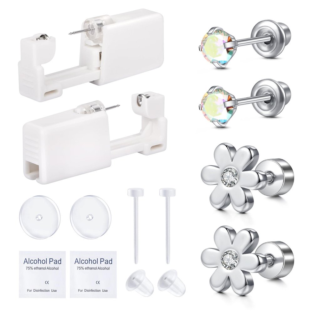 QWALIT Ear Piercing Gun Kit - Self Piercing Earrings with Disposable Gun and Flat Back Earring Studs