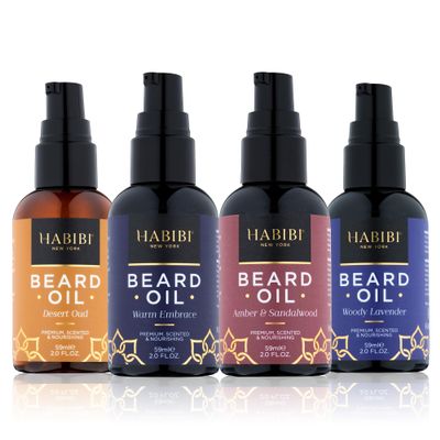 H HABIBI Beard Oil Collection 4 Pack, 2.0 Fl. Oz Each, Naturally Derived Beard Growth Oil for Men, Beard Care Essentials Nourishes, Softens & Promotes Healthy Beard Growth