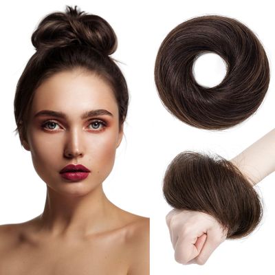 TESSHAIR Human Hair Messy Bun, 100% Real Hair Bun Extensions for Women,Natural Wavy,1 Count#-02 Dark Brown