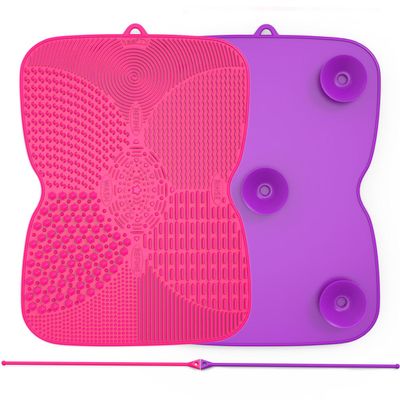 2 Pack Silicone Makeup Brush Cleaner Pad with Suction Cup, 8 Textures, Stable, YalsFTY Makeup Brush Cleaning Mat with Suction Cup (Rose and Purple)