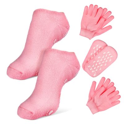 FRCOLOR 2 Pairs Spa Moisturizing Gloves Socks Set Fingerless Spa Gloves for Women Foot Care Exfoliating Natural