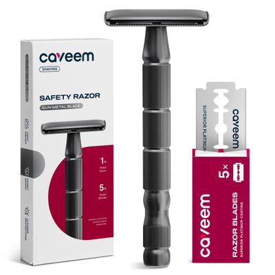 CAVEEM Double-Edge Safety Razor, Single-Blade Razors with 5 Stainless Steel Razor Blades for Men and Women, Reusable Metal Razor Gun Metal Black