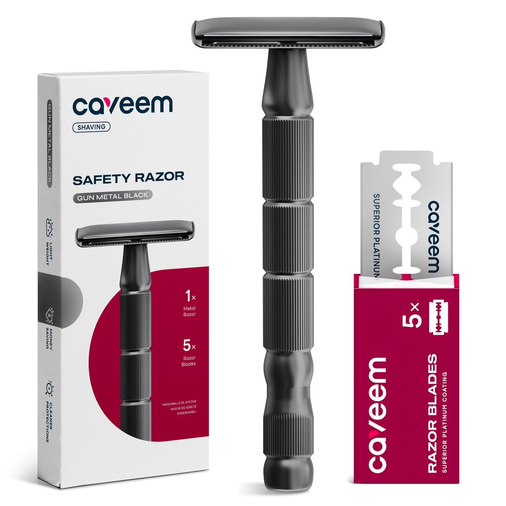 CAVEEM Double-Edge Safety Razor, Single-Blade Razors with 5 Stainless Steel Razor Blades for Men and Women, Reusable Metal Razor Gun Metal Black