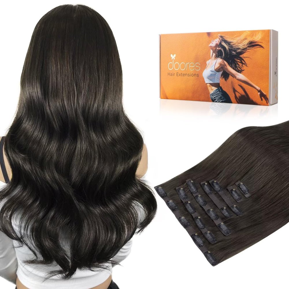 DOORES Mocha Brown Real Human Hair Extensions, 7pcs 120g 24 Inch, Clip in, Seamless, Natural Invisi Edge, Straight
