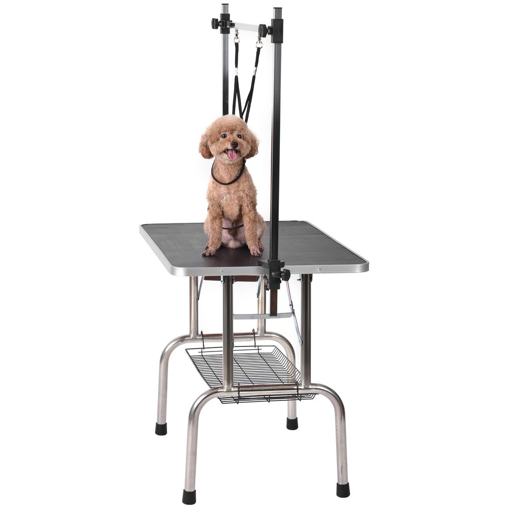 Heavy-Duty Stainless Steel Pet Grooming Table, Adjustable Arm, Non-Slip Rubber Surface, Foldable for Easy Storage, Includes Storage Basket and Noose