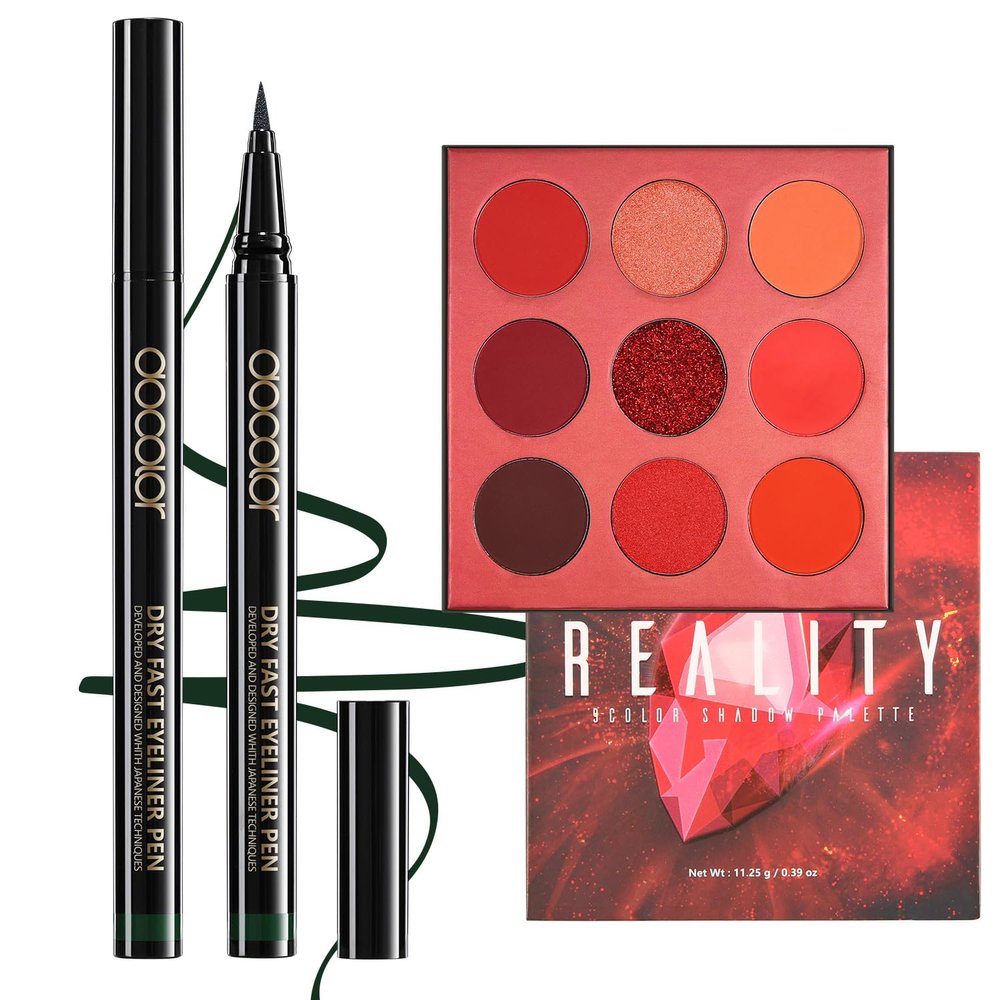 docolor Green Eyeliner Waterproof Eye liner Longwearing with Ultra-Fine Tip and Red Eyeshadow Palette 9 Colors Gemstone Shadow Palette Highly Pigmented Mattes Shimmers Colourful Makeup Palette