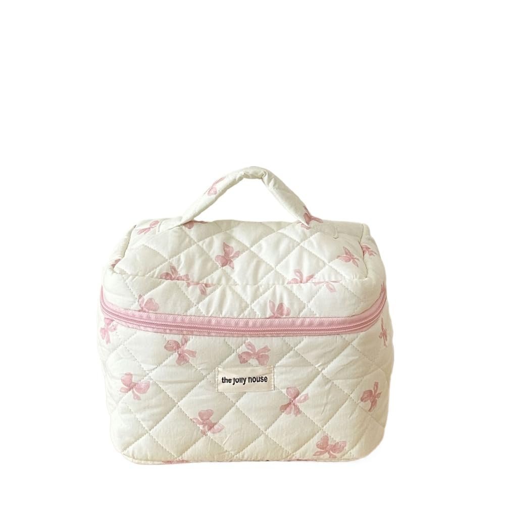 Coquette Bow Tie Makeup Bag Cutecore Quilted Cosmetic Pouch Y2K Aesthetic Puffer Organizer Bag Preppy Toiletry Bag (Large,Pink)