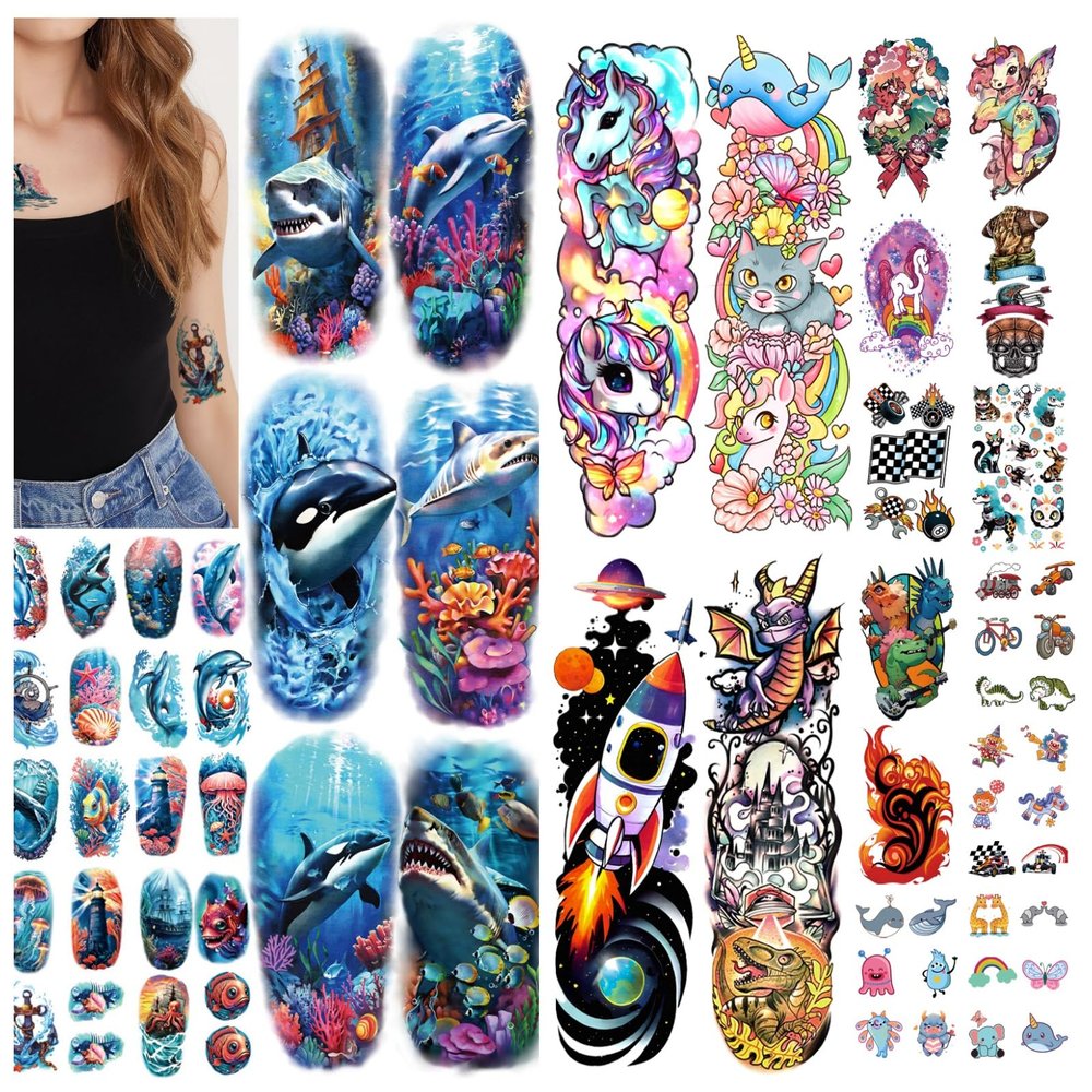 129 Sheets Temporary Tattoo for Kid Adults, 8 Sheets Full Arm Tattoo, 31 Sheets Half Arm Shark Dolphin Beach Fake Tattoos, 90 Sheets Dinosaur Tiny for Adults Kids Body Tattoos Stickers