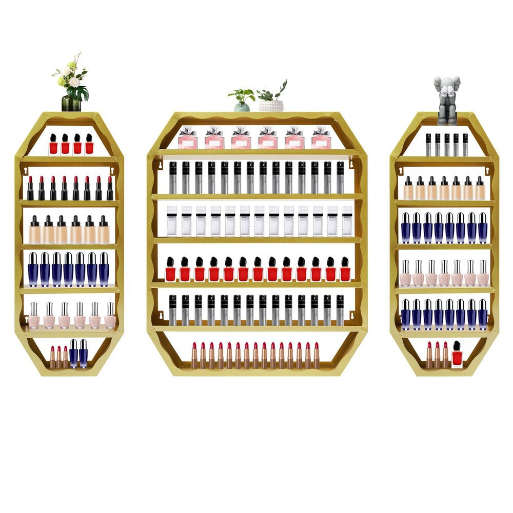 FXEIPOL Wall-Mounted Nail Polish Storage Racks Gold Display Rack Cosmetic Display Case Metal Nail Polish Racks for Nail Salons, Spas, Stores