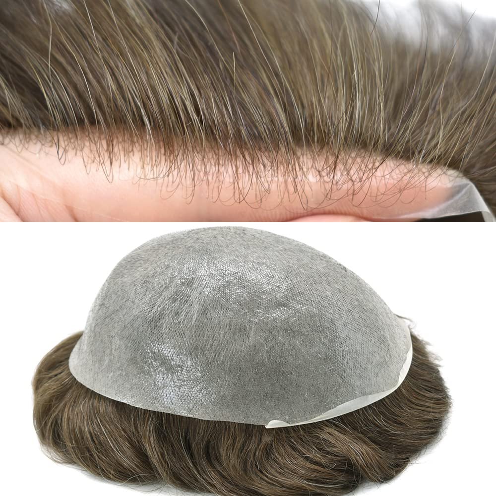 Toupee for Men Hair System Replacement Mens Toupee Hairpieces Transparent 0.04mm Thin Skin Mens Wig All V-Looped Poly PU Hair Piece Unit for Men 8"x10" #710 Very Light Brown+10% Gray-80%Light Density
