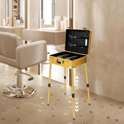 Barber Case Hairdresser Box Mobile Barber Station Professional Hairdressing Toolbox Portable Travel Makeup Train Cases with Support Legs for Storage Pushers Trimmers Blades Scissors (Gold)