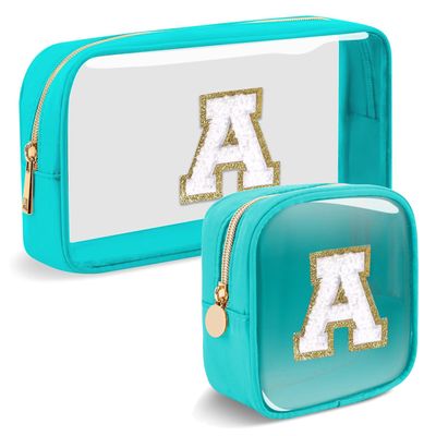 2pcs Personalized Initial Letter Clear Makeup Bag | Waterproof Nylon Preppy Cosmetic Bag | Travel Toiletry Bag | Monogrammed Gifts for Women Girl | Wedding Bridal Shower Gifts for Bridesmaids(Blue A)