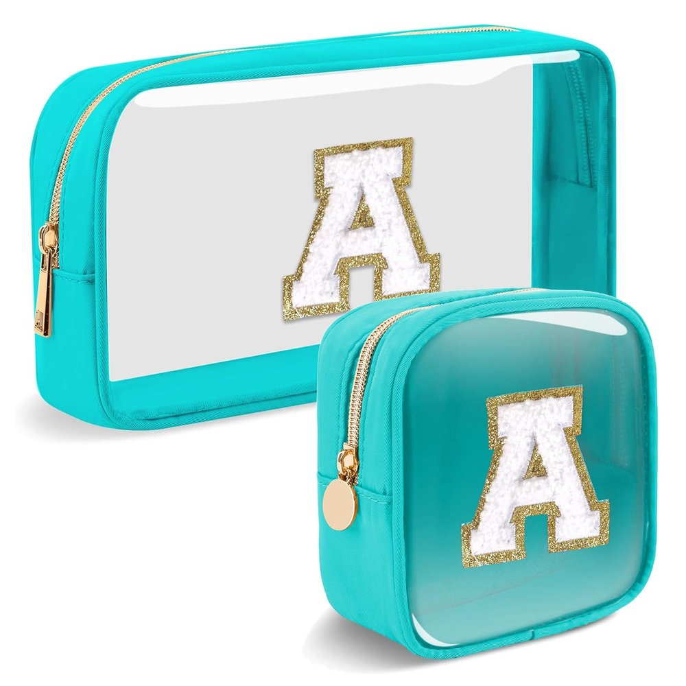 2pcs Personalized Initial Letter Clear Makeup Bag | Waterproof Nylon Preppy Cosmetic Bag | Travel Toiletry Bag | Monogrammed Gifts for Women Girl | Wedding Bridal Shower Gifts for Bridesmaids(Blue A)
