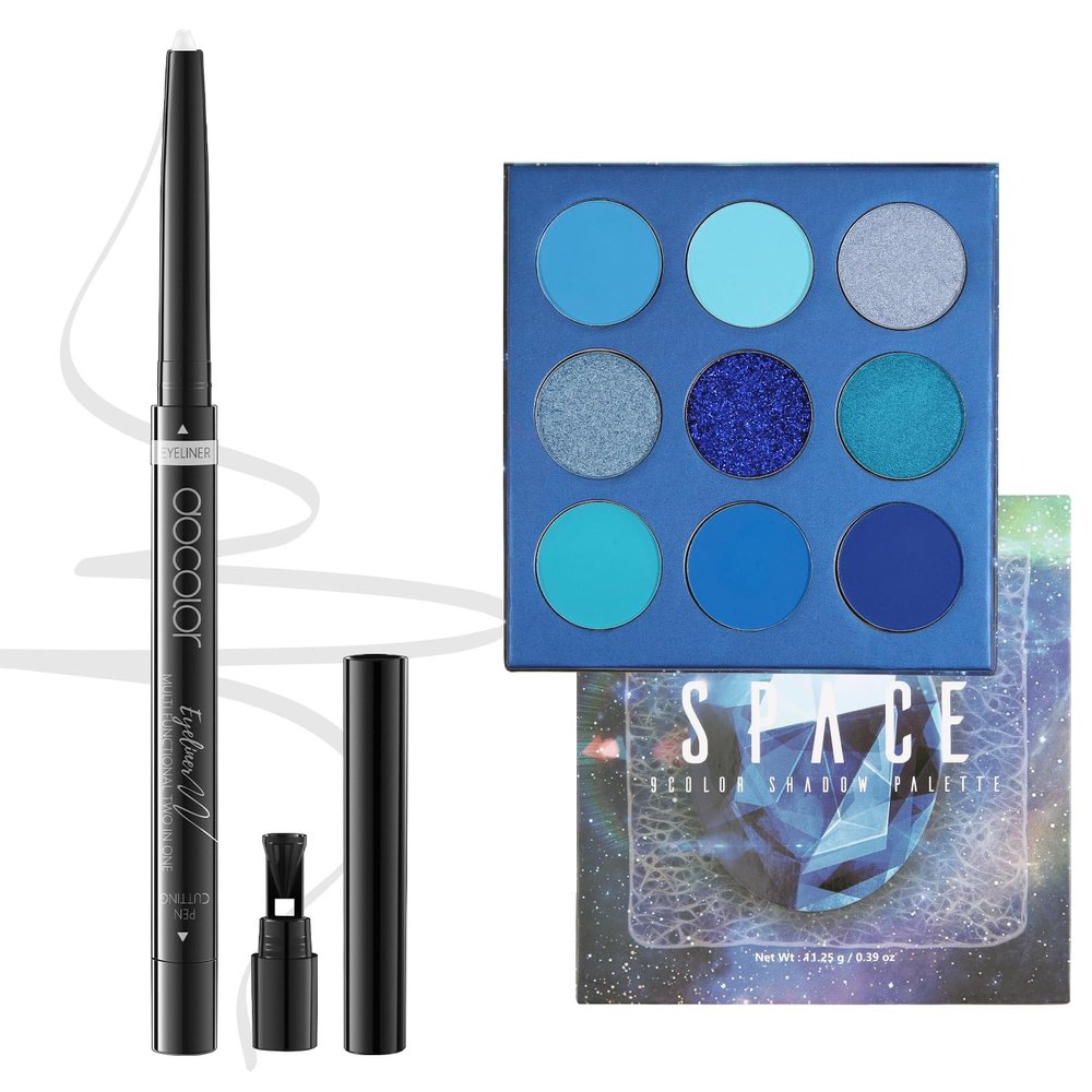 docolor Blue Eyeshadow Palette 9 Colors Gemstone Shadow Palette Highly Pigmented Mattes Shimmers Colourful Makeup Palette and White Eyeliner Gel Pen Pigmented Waterproof Smudge-proof Eyeliner Pencil