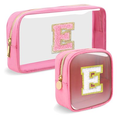 2pcs Personalized Initial Letter Clear Makeup Bag | Waterproof Nylon Preppy Cosmetic Bag | Travel Toiletry Bag | Monogrammed Gifts for Women Girl | Wedding Bridal Shower Gifts for Bridesmaids(Pink E)