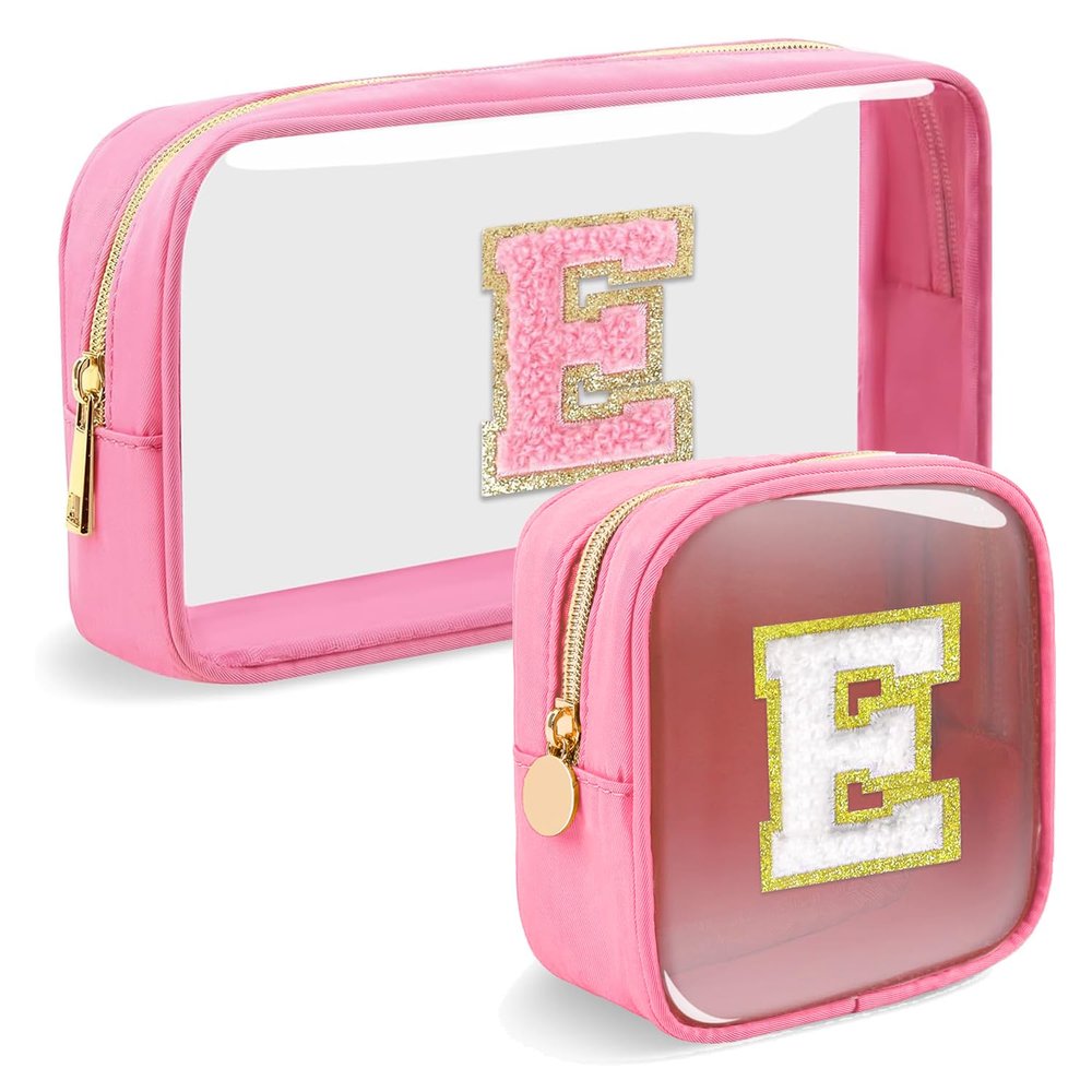 2pcs Personalized Initial Letter Clear Makeup Bag | Waterproof Nylon Preppy Cosmetic Bag | Travel Toiletry Bag | Monogrammed Gifts for Women Girl | Wedding Bridal Shower Gifts for Bridesmaids(Pink E)