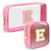 2pcs Personalized Initial Letter Clear Makeup Bag | Waterproof Nylon Preppy Cosmetic Bag | Travel Toiletry Bag | Monogrammed Gifts for Women Girl | Wedding Bridal Shower Gifts for Bridesmaids(Pink E) view 1
