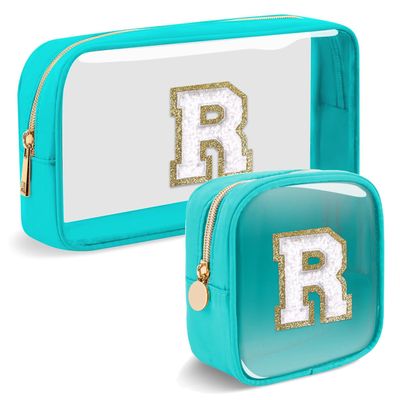 2pcs Personalized Initial Letter Clear Makeup Bag | Waterproof Nylon Preppy Cosmetic Bag | Travel Toiletry Bag | Monogrammed Gifts for Women Girl | Wedding Bridal Shower Gifts for Bridesmaids(Blue R)