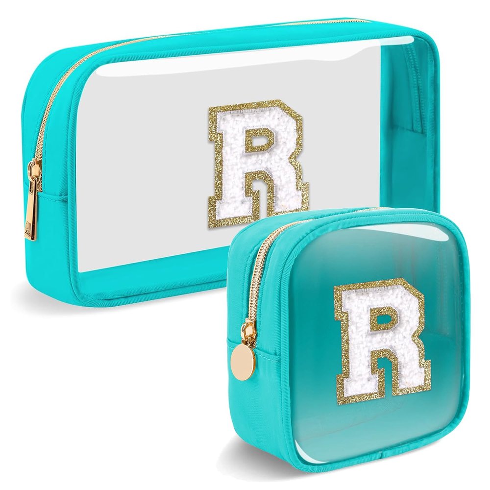 2pcs Personalized Initial Letter Clear Makeup Bag | Waterproof Nylon Preppy Cosmetic Bag | Travel Toiletry Bag | Monogrammed Gifts for Women Girl | Wedding Bridal Shower Gifts for Bridesmaids(Blue R)