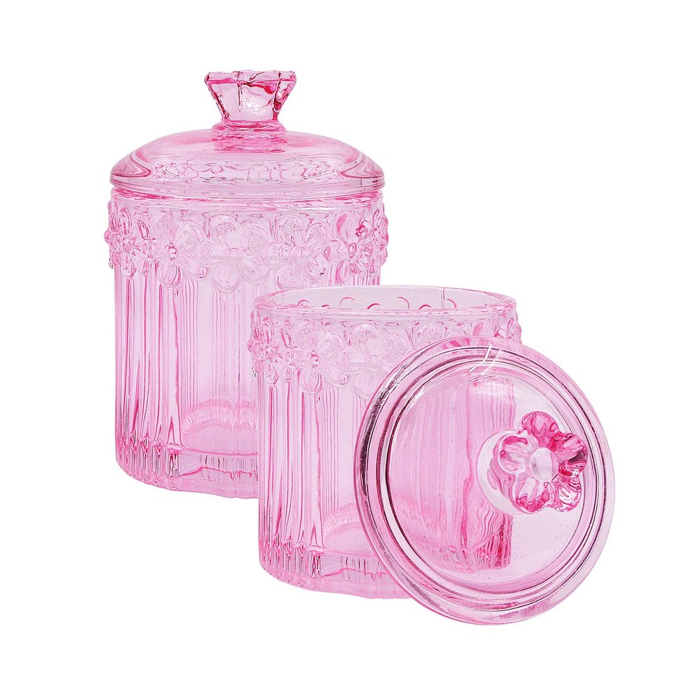2 Pack Qtip Holder Glass Apothecary Jars with Lids Set, Crystal Q-tip Canister Jar Bathroom Vanity Organizer for Cotton Ball, Cotton Swab, Floss, Candy - Clear (Pink)