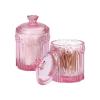 2 Pack Qtip Holder Glass Apothecary Jars with Lids Set, Crystal Q-tip Canister Jar Bathroom Vanity Organizer for Cotton Ball, Cotton Swab, Floss, Candy - Clear (Pink) view 3