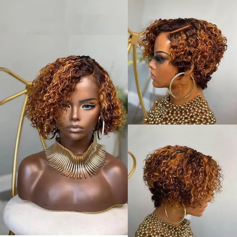 oulaer Ombre Brown Curly Human Hair Wig For Women 13x4 Invisible HD Lace Front Wigs Pre Plucked Kinky Curly Wigs For Women Brazilian Remy Hair Deep Wave Wig Bleached Knots 150% Density 10Inch