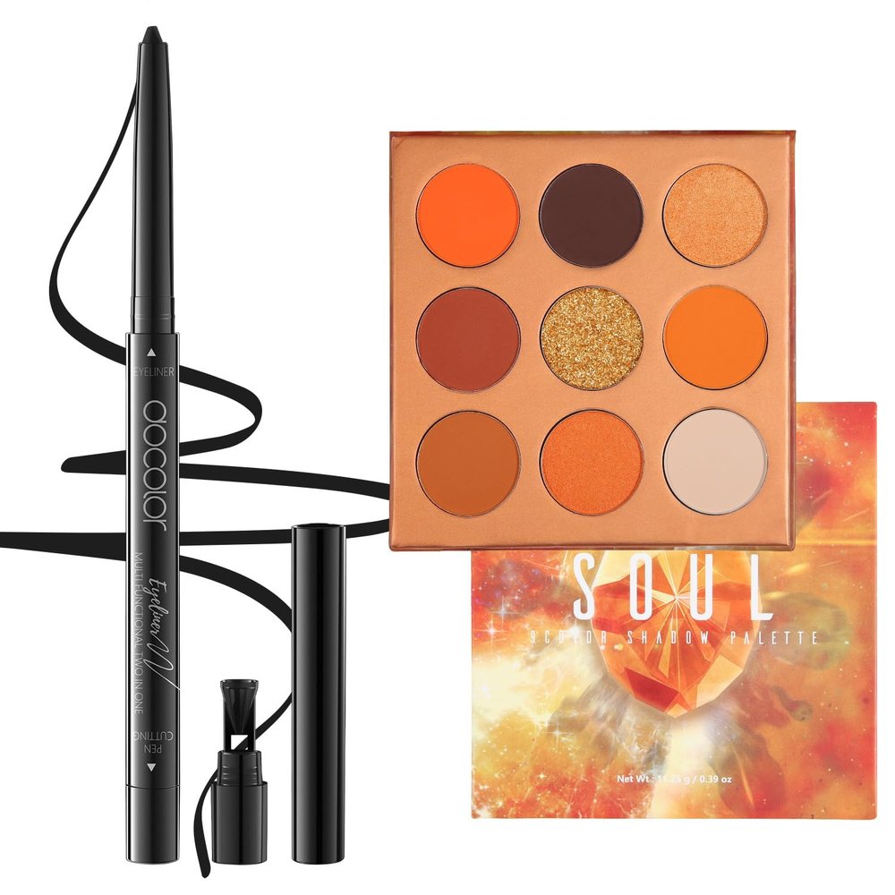 docolor Orange Eyeshadow Palette 9 Colors Gemstone Shadow Palette Highly Pigmented Mattes Shimmers Colourful Makeup Palette and Black Eyeliner Gel Pen Pigmented Waterproof Smudge-proof Eyeliner Pencil