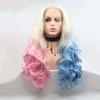 Xiweiya Wig 60# Platinum Blonde Ombre Blue Mixed Pink Lace Front Wig Long Body Wavy 3 Tones Synthetic Lace Front Wig Heat Resistant Fiber Wig for Woman Halloween Harley Quinn Cosplay 24inch view 1