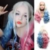 Xiweiya Wig 60# Platinum Blonde Ombre Blue Mixed Pink Lace Front Wig Long Body Wavy 3 Tones Synthetic Lace Front Wig Heat Resistant Fiber Wig for Woman Halloween Harley Quinn Cosplay 24inch view 2