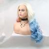 Xiweiya Wig 60# Platinum Blonde Ombre Blue Mixed Pink Lace Front Wig Long Body Wavy 3 Tones Synthetic Lace Front Wig Heat Resistant Fiber Wig for Woman Halloween Harley Quinn Cosplay 24inch view 4