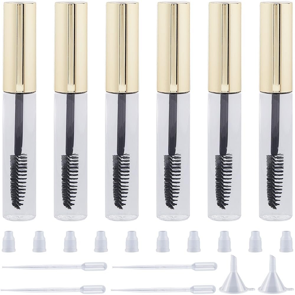 GORGECRAFT 10Pcs 10ml Empty Mascara Tube Bottle Transparent Plastic Eyelash Wand Containers Bottles with Rubber Inserts 4Pcs 2ml Dropper 2Pcs Mini Funnel Hopper for Castor Oil DIY Cosmetics Kit Gold