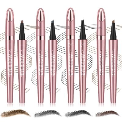 4 Pack 3D Eyebrow Pencil, 4 Tip Microblading, 24 Hours Smudge Proof Brow Pen, Brow Pen Makeup Natural Fine Stroke, Waterproof Eyebrow Pencil (Light Brown, Dark Brown, Grey, Black)