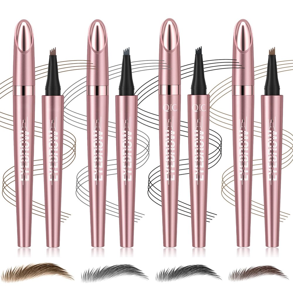 4 Pack 3D Eyebrow Pencil, 4 Tip Microblading, 24 Hours Smudge Proof Brow Pen, Brow Pen Makeup Natural Fine Stroke, Waterproof Eyebrow Pencil (Light Brown, Dark Brown, Grey, Black)