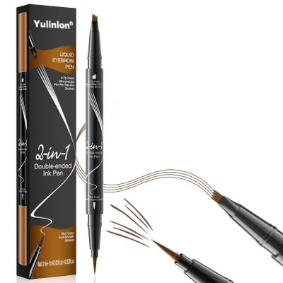 9706 2-in-1 Double-Ended Liquid Eyebrow Pen, 4 Tip Head & 1 Tip Ultra Fine, Easily Draw Realistic Eyebrows, 4 Color, Waterproof (4#Black)