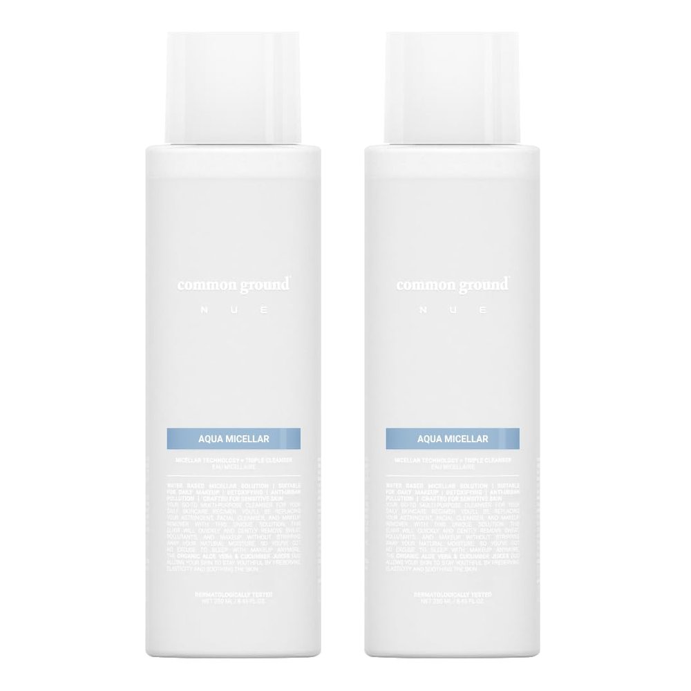 COMMON GROUND NUE Aqua Micellar Water Makeup Remover 3-in-1 Cleanser, Astringent, Makeup Remover, Non-Greasy, No-Rinse, Hydrating, Plant-Based, Organic Aloe Vera & Cucumber, 8.4 Fl Oz (Pack of 2)