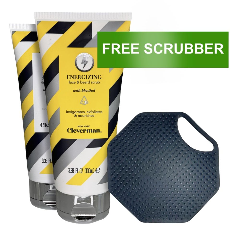Cleverman Promo Pack - Energizing Face and Beard Scrub, 100ml + Sensitive Face and Beard Scrub, 100ml + Free Face Scrubber