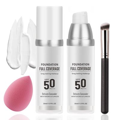2PCS Color Changing Foundation Set with Brush and Makeup Sponge,SPF 50 PA+++ Oil Control Full Coverage Liquid Foundation Makeup,Flawless Moisturizing Concealer for All Skin Types