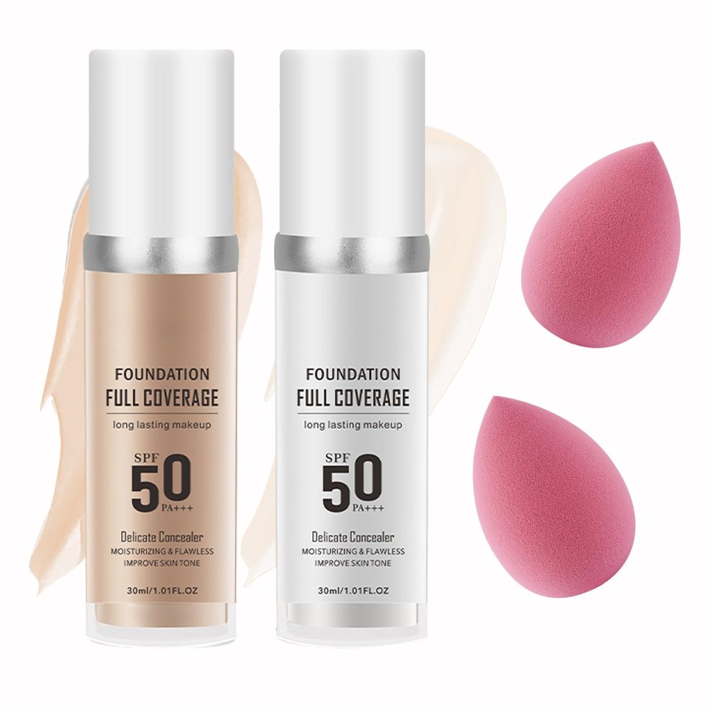 2PCS Color Changing Foundation Set - Full Coverage Long Lasting Flawless Liquid With 2 Cosmetics Sponges - Non-Greasy Cover Concealer Nude Makeup Base 30ml B