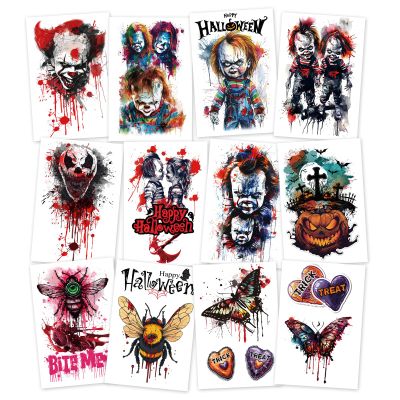 12-Sheet Halloween-Themed Temporary Tattoo Stickers Scary Fake Tattoos for Halloween, Cosplay, and Festivals Perfect for Kids and Adults