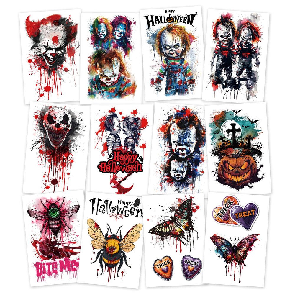 12-Sheet Halloween-Themed Temporary Tattoo Stickers Scary Fake Tattoos for Halloween, Cosplay, and Festivals Perfect for Kids and Adults