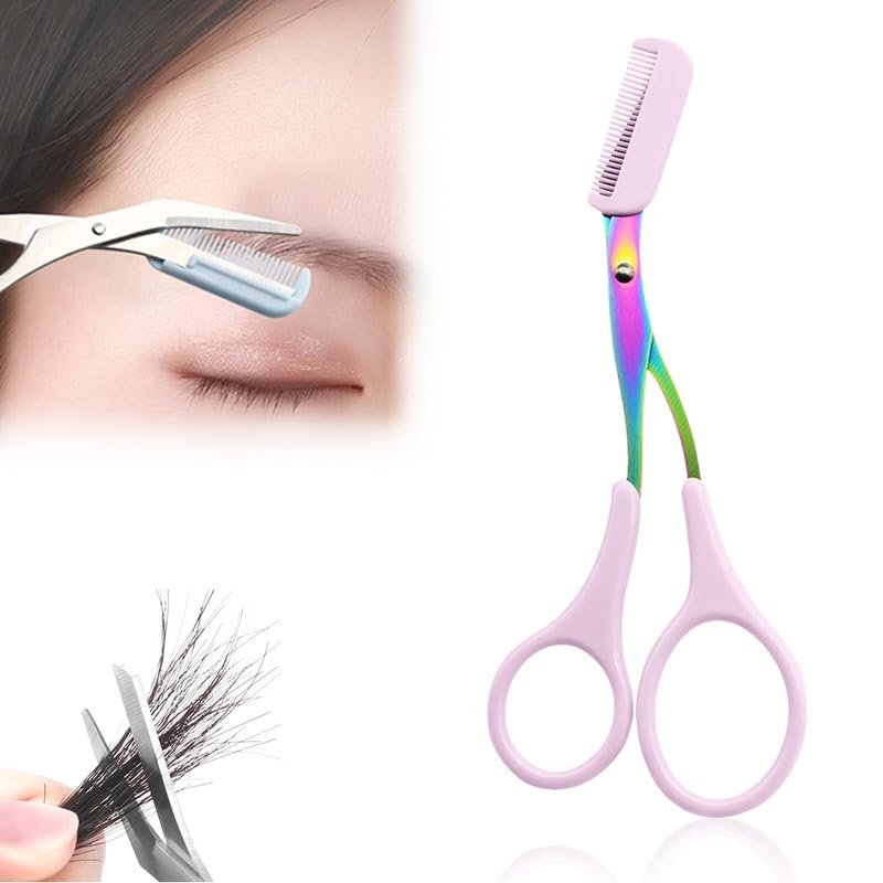 Eyebrow Trimmer Scissor, 2024 Upgraded Eyebrow Scissors with Comb, Stainless Steel Eye Brow Shaper Trimming Scissors, Precision Eyebrow Cutter, Eyebrow Scissors Tool for Men Women(Pink-2,3PCS)