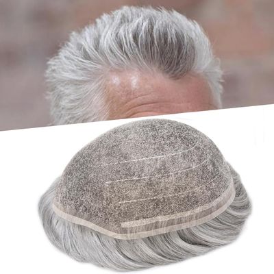 PUNRU HAIR Toupee for Men Full Welded Lace Hair Piece European Virgin Human Hair Replacement System Bleached Knots Natural Hairline Mens Toupee 8X10#1B90#1B Off Black+90% Grey 80% Density