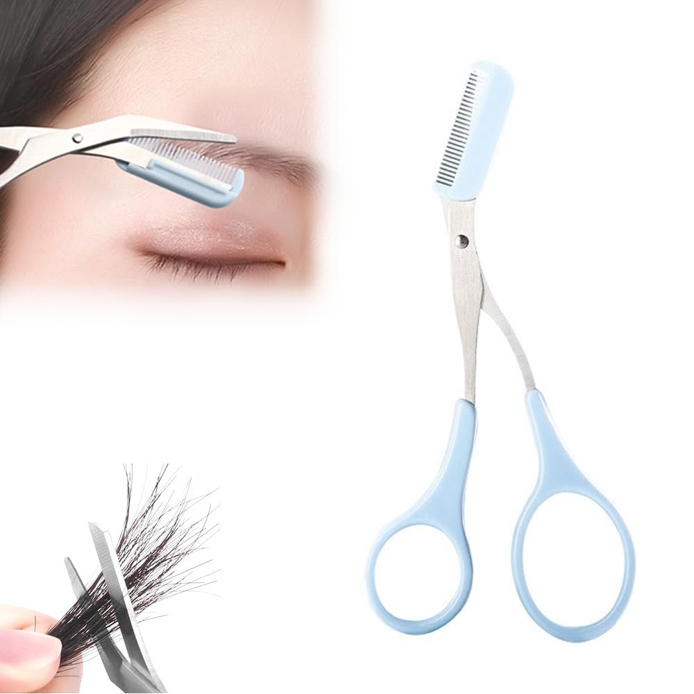 Eyebrow Trimmer Scissor, 2024 Upgraded Eyebrow Scissors with Comb, Stainless Steel Eye Brow Shaper Trimming Scissors, Precision Eyebrow Cutter, Eyebrow Scissors Tool for Men Women(Blue-1,1PCS)