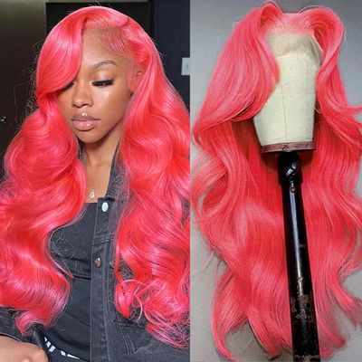 Hot Pink Lace Front Wig Human Hair Body Wave 13x6 Hd Lace Frontal Wigs Glueless Pre Plucked with Baby Hair for Women 180% Density Rose Pinky Colored 24 Inch