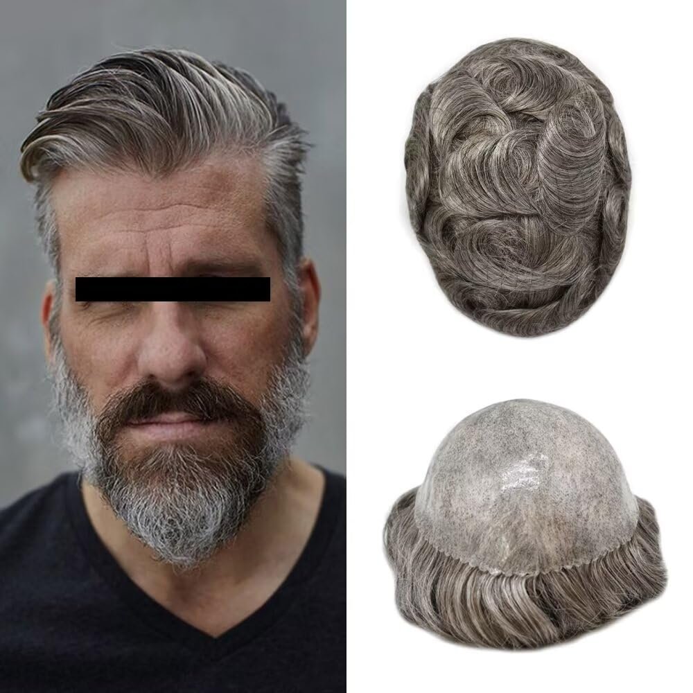 Toupee for Men All Poly Skin Mens Hair System Black Brown Blonde Human Hair Piece Transparent Mens Toupee Injected PU Mens Hair Replacement Hair Unit6x9"-120% Density #260 Darkest Brown+60% Gray