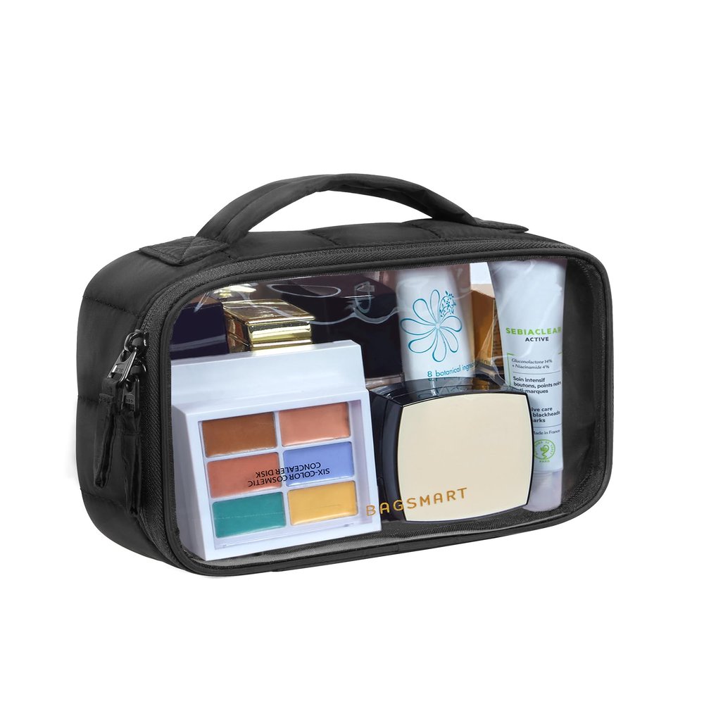 BAGSMART Clear TSA-Approved Toiletry Bag, Large Opening Quart Sized Makeup Bag with Handle, Double Zipper, Clear Cosmetic Organizer for Women