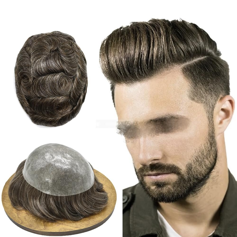 Toupee for Men Ultra Thin Skin Mens Hair System Soft Human Hair piece 0.04mm Invisible Mens Toupee All V-loop Skin PU Men Hair Unit Mens Hair Replacement6X8"-100% density#340 Dark Brown+40% Gray