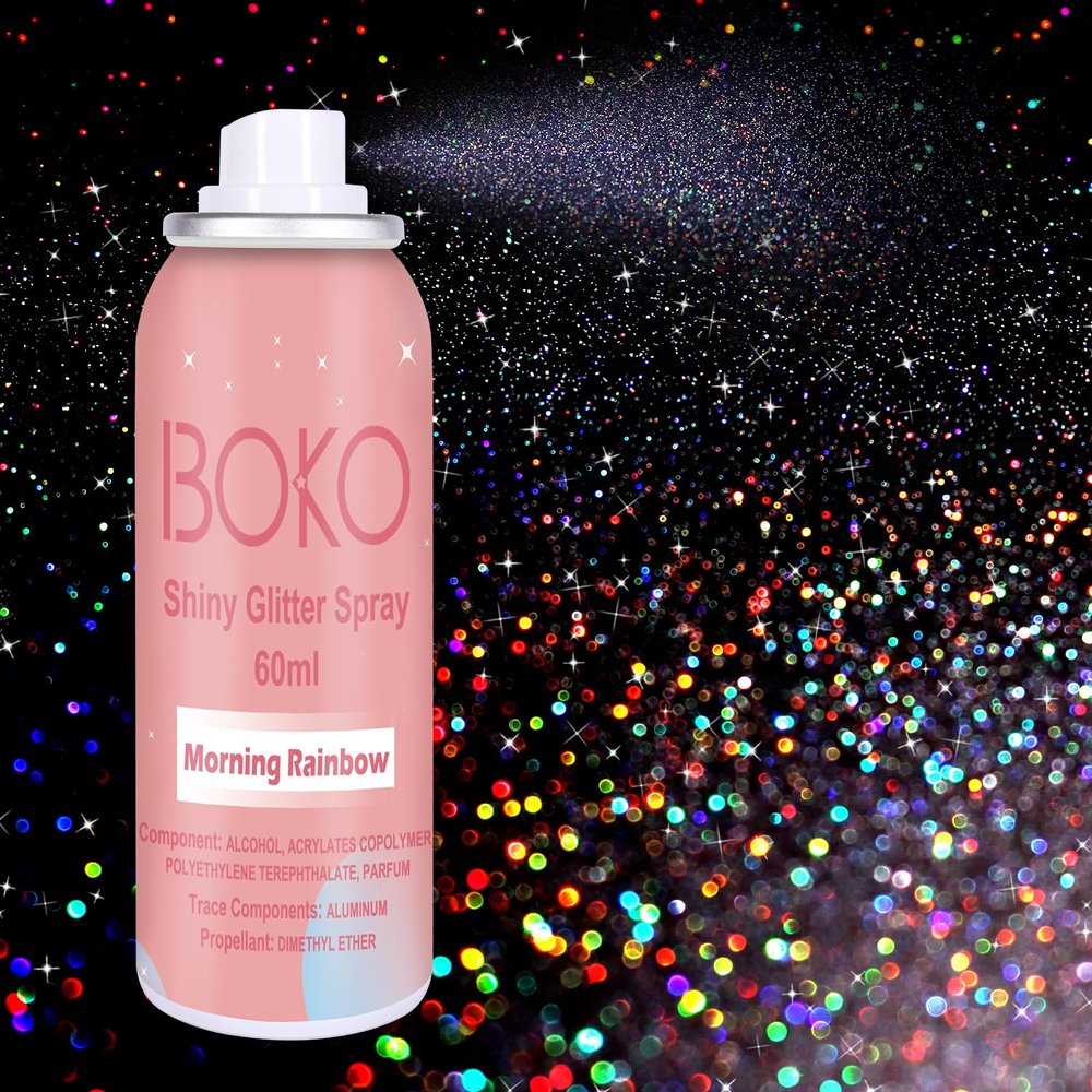 Boko Body Glitter Spray, 60ML Holographic Silver Glitter Spray for Body Hair Clothes, Quick-Drying and Long-Lasting Glitter Hairspray Body Shiny for Festival Music Concert Party Rave Accessories